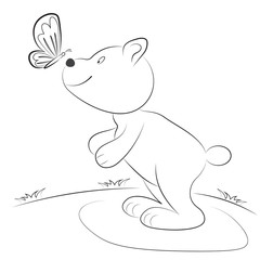 Bear and Butterfly in nature. Black and white drawing Coloring
