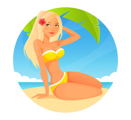 Obraz na płótnie Canvas blonde cartoon girl sitting on the beach