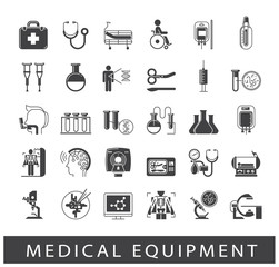  Set of icons presenting various medical equipment. Collection of icons related to medicine equipment, hospital, emergency. 