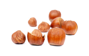 Group fresh hazelnuts isolated on white background
