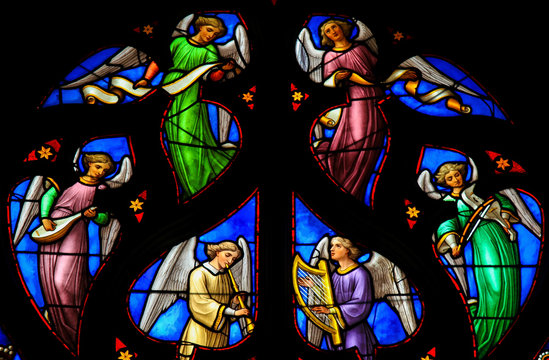 Stained glass window depicting an Angels choir, in the cathedral