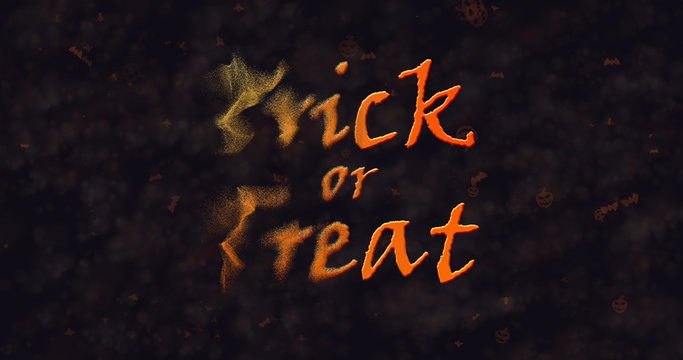 Trick or Treat text dissolving into dust to left