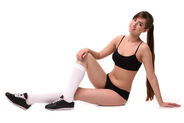 Fototapeta na wymiar beautiful fitness woman in black underwear. on a white background
