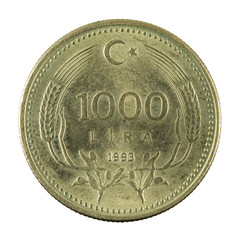 1000 turkish lira coin (1993) isolated on white background