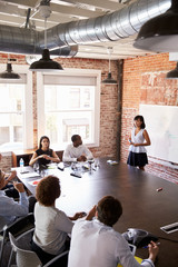 Fototapeta premium Businesswoman At Whiteboard Giving Presentation In Boardroom