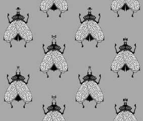 Flies on grey background. Vector pattern illustration.