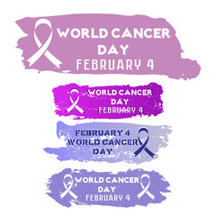 Set of violet grunge stickers with lavender cancer ribbon in different violet tints isolated on white. World Cancer day in February 4. Vector illustration
