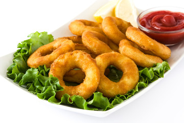 Fried calamari rings with lettuce and ketchup, isolated on white background
