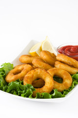 Fried calamari rings with lettuce and ketchup, isolated on white background
