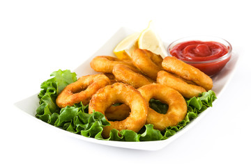 Fried calamari rings with lettuce and ketchup, isolated on white background
