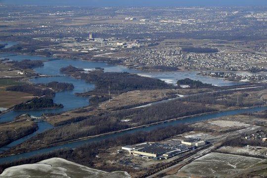 aerial view of the Mel Swart Lake Gibson Conservation Park asnd partial view of the Welland canal  near Thorold, Ontario Canada 