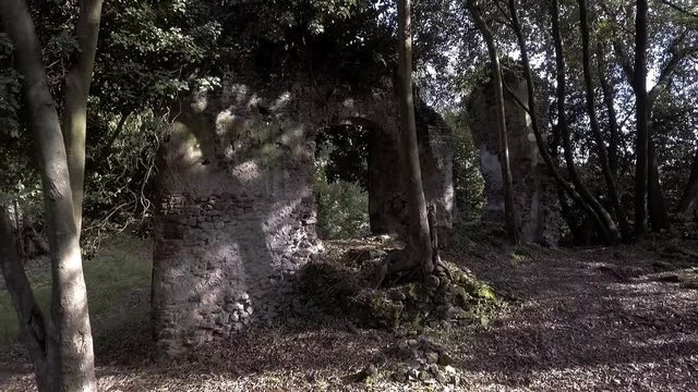 Etruscan ruin abandoned in the forest zoom out, aerial shot, Lazio, Italy