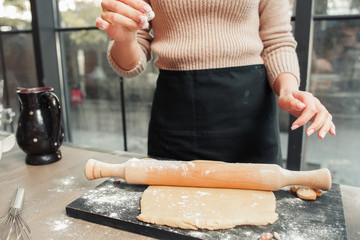 Unrecognizable woman rolling out dough free space. Homemade bakery, sweet cookies or pie preparing process, kitchen background