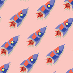 Cute and colorful space seamless pattern background with rockets. Red, pink and blue.