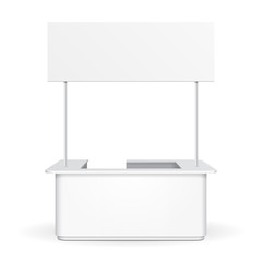 White Sqaure POS POI Blank Empty Advertising Retail Stand Stall Bar Display With Roof, Canopy, Banner. On White Background Isolated. Mock Up Template Ready For Your Design.