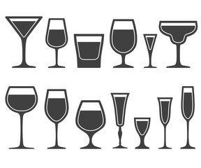 Set of wineglass and glass different shapes icons with poured liquid inside isolated on white background
