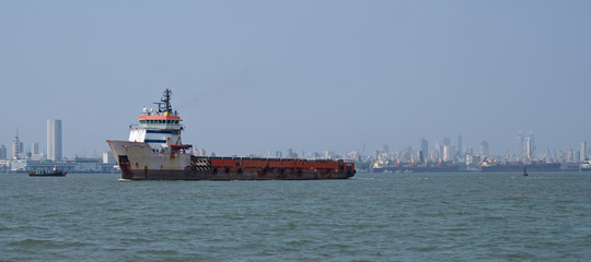 Commercial shipping at anchor in the Arabian Sea outside Mumbai, India's busiest port © pjhpix