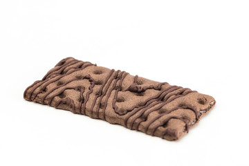 Chocolate low-calorie bar with cream filling against a white background