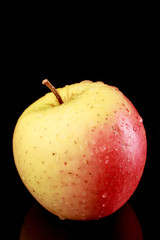 A whole pink and yellow apple on a black background side view