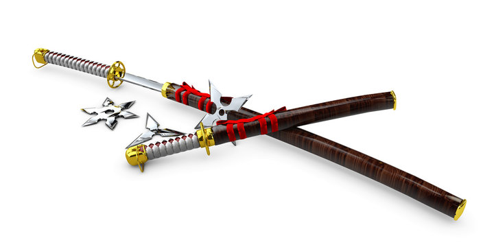 Japanese Katana. Samurai set Isolated weapons. 3d illustration.