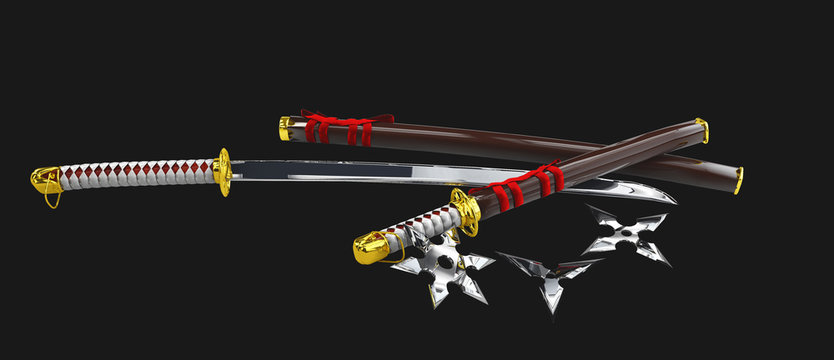 Japanese Katana. Samurai set Isolated weapons. 3d illustration.
