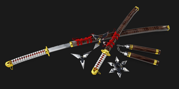 Japanese Katana. Samurai set Isolated weapons. 3d illustration.