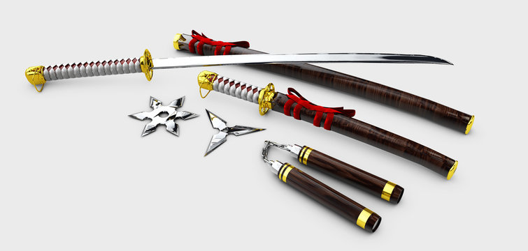 Japanese Katana. Samurai set Isolated weapons. 3d illustration.