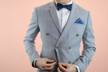 grey suit plaid texture, bowtie, pocket square