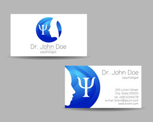 Psychology vector visit card. Modern logo. Creative style. Design concept. Brand company. Blue color isolated on gray background. Symbol for web, print. vVsiting personal set