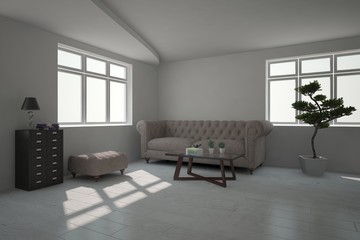 White room with sofa. Scandinavian interior design