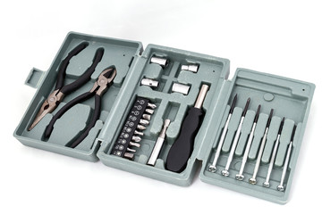 set the working tool in a compact box. a set of tools for home and car