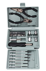 set the working tool in a compact box. a set of tools for home and car