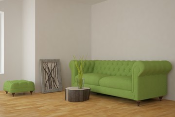 White room with green sofa. Scandinavian interior design