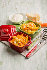 oven pasta with mozzarella carrot onion and parmesan cheese