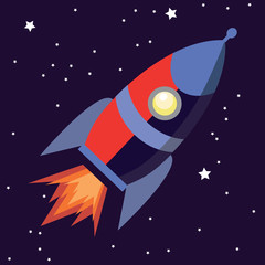 Illustration of a cute cartoon rocket space ship isolated on starry background