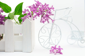 toy fence with lilac on a white background