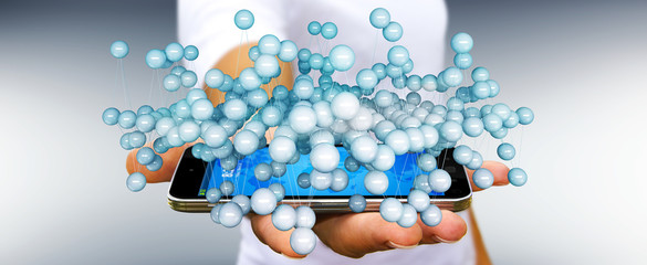 Businessman holding abstract connection interface over phone 3D