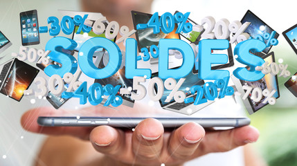 Businessman holding sales icons over his phone 3D rendering