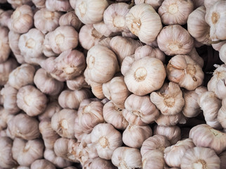 Fresh garlic (Allium sativum) at the local farmers market, Selective focus