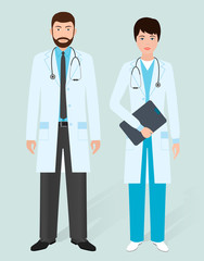 Hospital staff concept. Male and female doctors in medical gowns. Medical people.