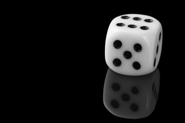 White Dice On Black Background with reflection and free space