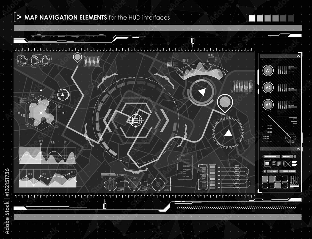 Poster head-up display navigation map elements for the web and app. futuristic user interface. virtual grap