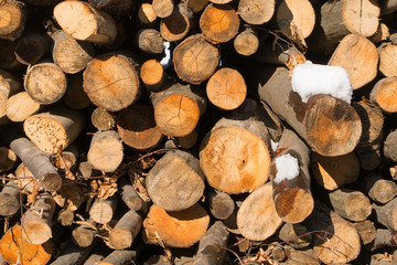 Axe chopping woods, pieces of woods ready for winter home cabin fire