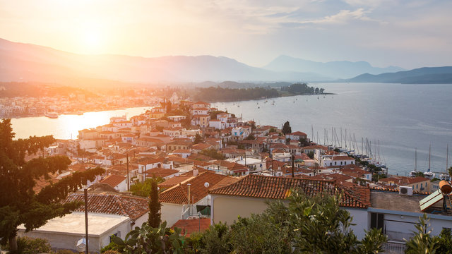 Evening view to Poros island, Greece, Aegean sea.