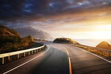 Acrylic prints Atlantic Ocean Road oad by the sea in sunrise time, Lofoten island, Norway