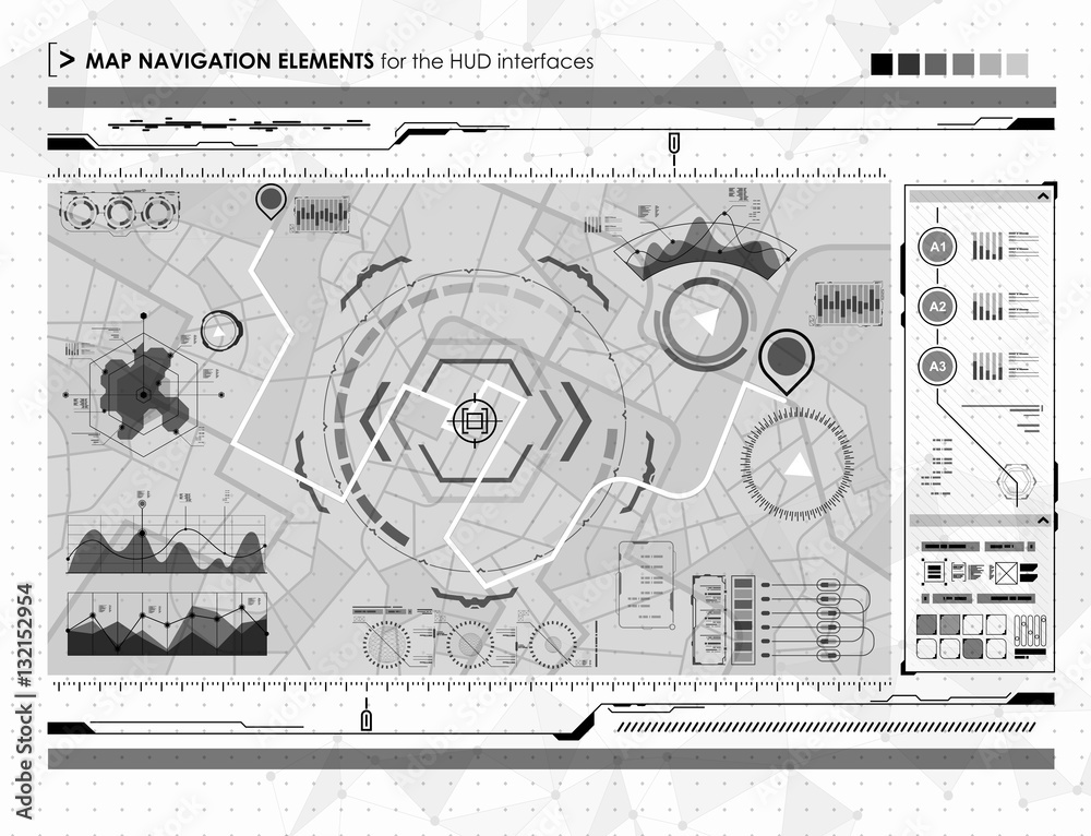 Poster head-up display navigation map elements for the web and app. futuristic user interface. virtual grap
