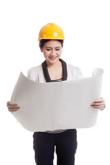 Asian engineer woman with blueprints.