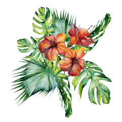 Watercolor illustration set of tropical leaves and hibiscus, dense jungle. Banner with tropic summertime motif may be used as background texture, card or cloth illustration, textile design.  - 132154123