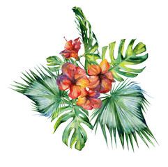 Fototapeta premium Watercolor illustration set of tropical leaves and hibiscus, dense jungle. Banner with tropic summertime motif may be used as background texture, card or cloth illustration, textile design. 