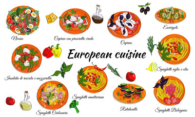 European cuisine menu of main dishes. French and Italian food.